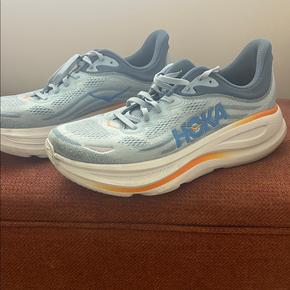 Hoka Sky Blue and Tangerine Athletic Shoes